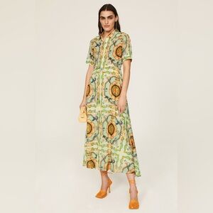 Tory Burch Green Printed Short-Sleeve Maxi Dress with Orange Accents
